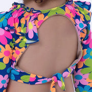 Biquíni de Bebê Top Cropped Viva Flor Manga Longa Flores Azul - costas do biquini com amarração