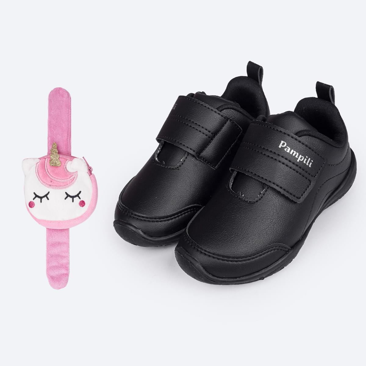 Tênis Escolar Infantil Pampili Honey Escolar Preto - Vem com Pulseira Porta Moedas - frente do tênis preto