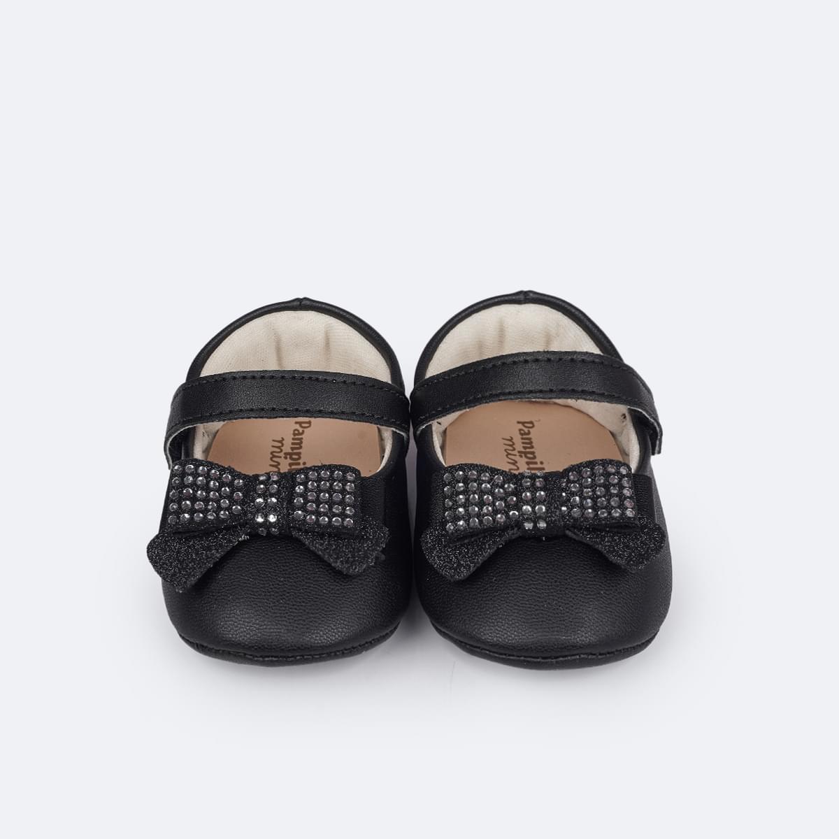 Sapato de Bebê Pampili Nina Laço em Glitter e Strass Preto - Vem com faixa de cabelo!