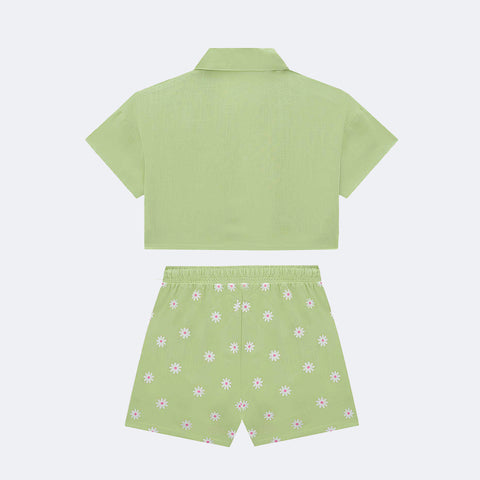 Conjunto Infantil Kukiê Três Peças Margaridas Verde - costas do conjunto