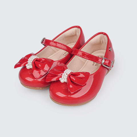 Sapato Infantil Pampili Mini Angel Laço com Pérolas Vermelho Verniz