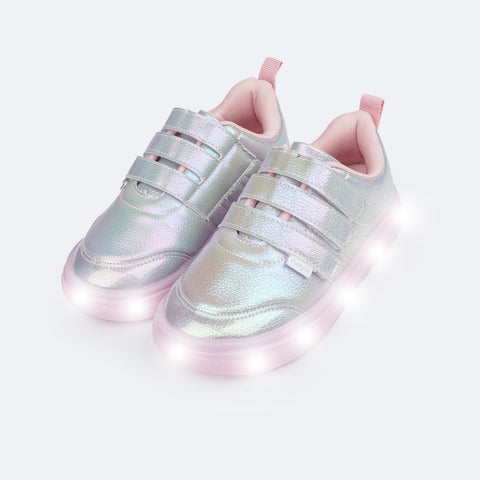 Tênis de Led Infantil Pampili Sneaker Luz Costuras Prata Holográfico