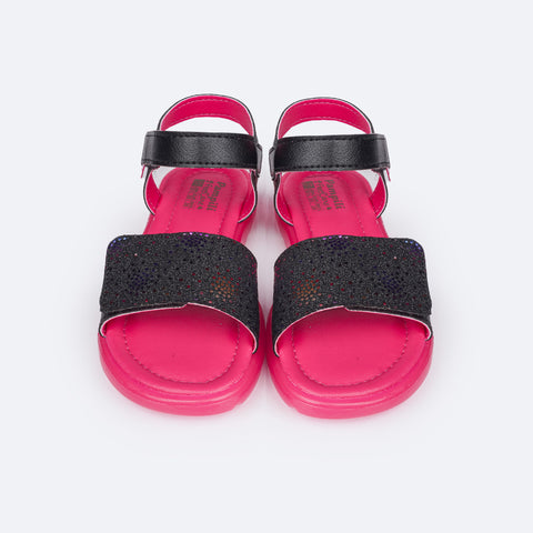 Sandália de Led Infantil Pampili Lulli Glitter e Pontos Coloridos Preta - frente da sandália de glitter