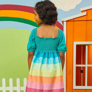 Vestido Infantil Kukiê Lastex Listrado Azul e Colorido - costas do vestido com decote quadrado