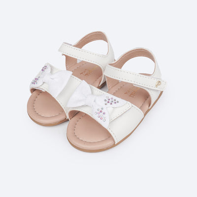 Sandália de Bebê Pampili Nana Laço Assimétrico Glitter e Strass Branco - frente da sandalia em sintético