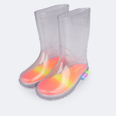 Bota Galocha de Led Infantil Pampili Lulu Glee Transparente Com Glitter  - bota de plástico transparente