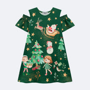 Vestido Infantil Kukiê Natal com Mangas Verde - vestido verde de natal