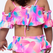 Biquíni de Bebê Top Cropped Viva Flor Lastex Colorido Rosa Neon - costas do biquini ombro a ombro