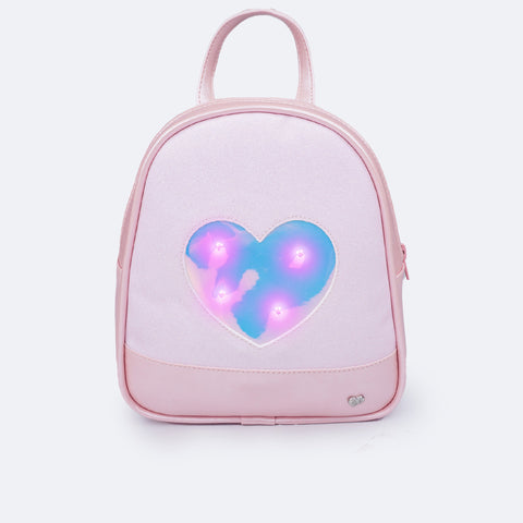  Mochila de Led Infantil Pampili Glitter e Coração Rosa Glacê