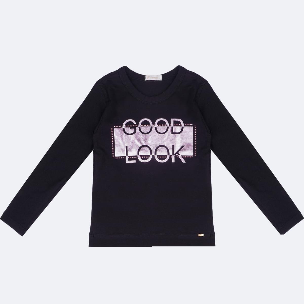 Camiseta Infantil Pampili Manga Longa Good Look Preta
