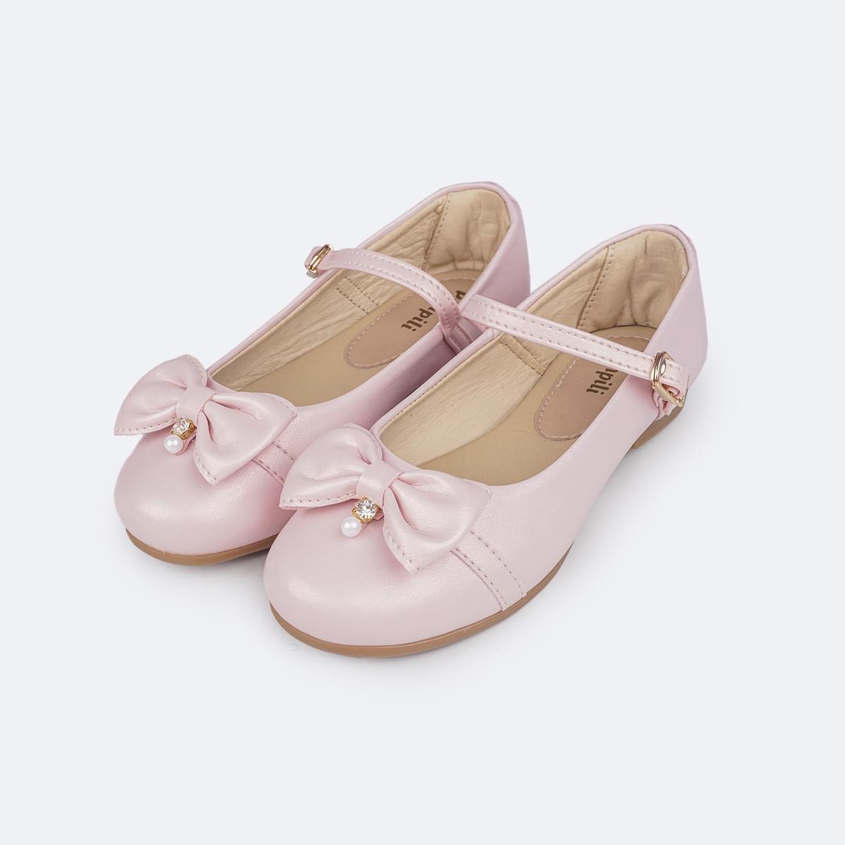 Sapato Infantil Pampili Angel Laço Pingente Pérola e Strass Rosa Claro