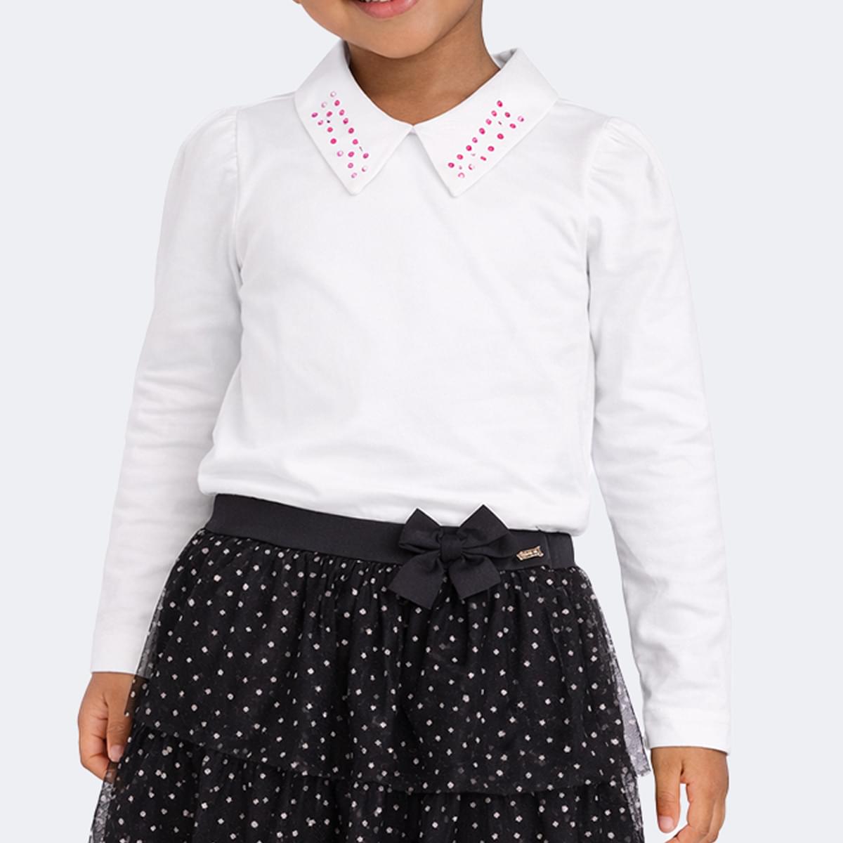 Blusa Manga Longa Infantil Feminina Gola Strass Off White