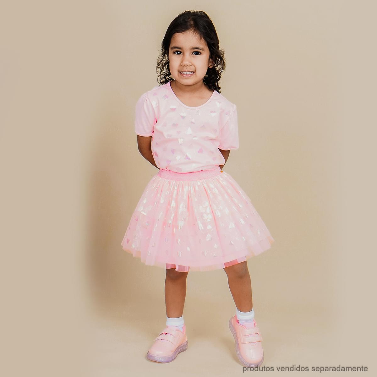 Saia de Tule Infantil Pampili Corações Brilhantes Rosa