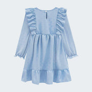 Vestido Infantil Kukiê Crepe Manga Longa e Babado Azul Tecido - vestido infantil manga longa