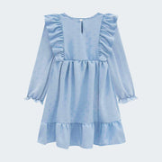 Vestido Infantil Kukiê Crepe Manga Longa e Babado Azul Tecido - vestido de festa infantil