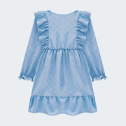 Vestido Infantil Kukiê Crepe Manga Longa e Babado Azul Tecido - vestido manga longa infantil