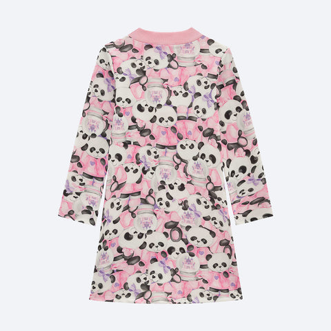 Vestido Infantil Kukiê Manga Longa Pandas Off White e Rosa - vestido infantil feminino