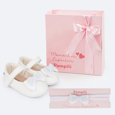 Sapato de Bebê Pampili Nina Momentos Especiais Laço Strass Branco -  vem com faixa de cabelo