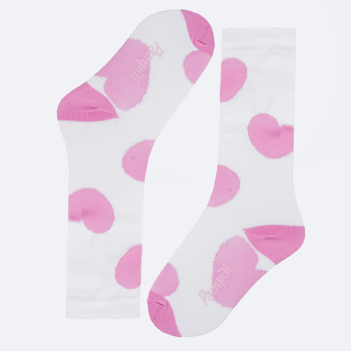 Meia 3/4 Pampili Corações Branca e Pink - frente da meia estampada