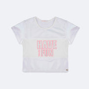 Camiseta Infantil Pampili Have Fun Strass Branca Holográfica - frente da camiseta com escrita e strass