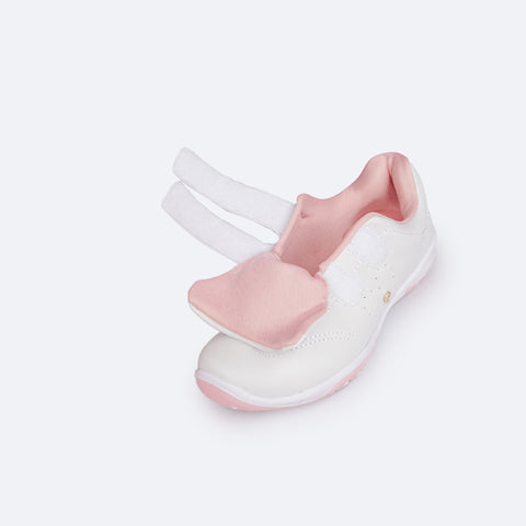 Tênis Infantil Feminino Pampili Honey Volta Às Aulas Branco e Rosa - superior do tênis calce fácil com velcro