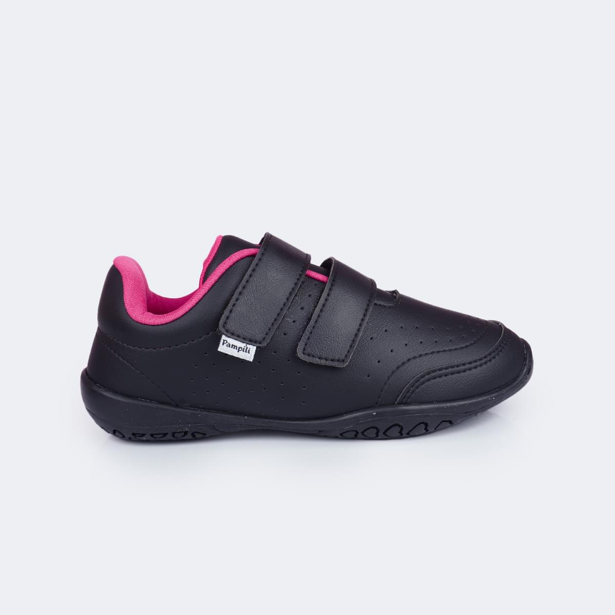 Tênis Escolar Infantil Pampili Honey Velcro Duplo Preto e Pink