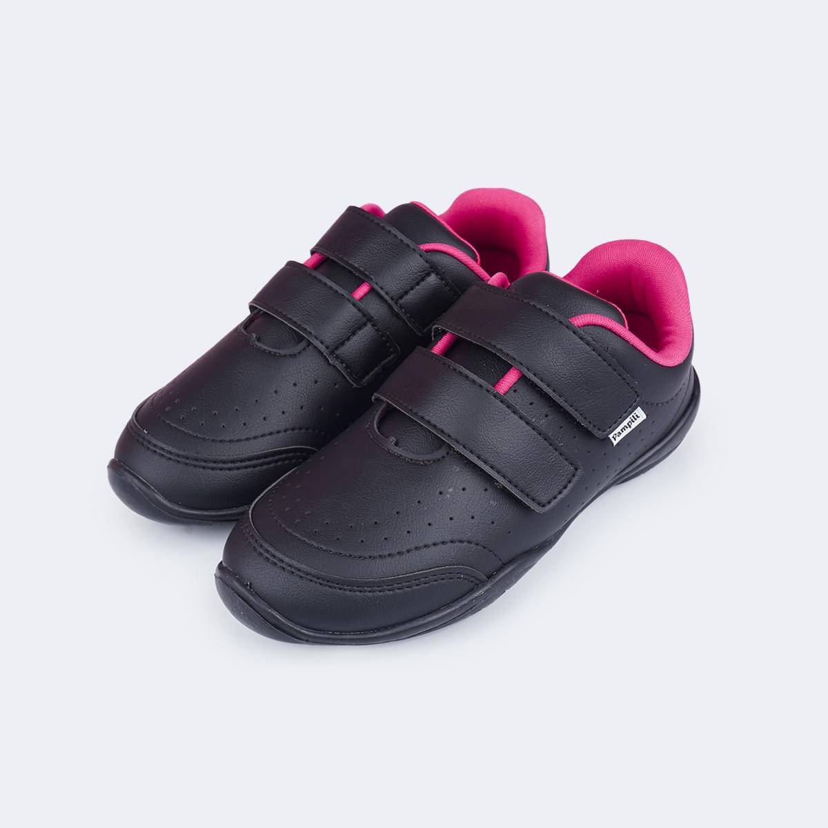 Tênis Escolar Infantil Pampili Honey Velcro Duplo Preto e Pink