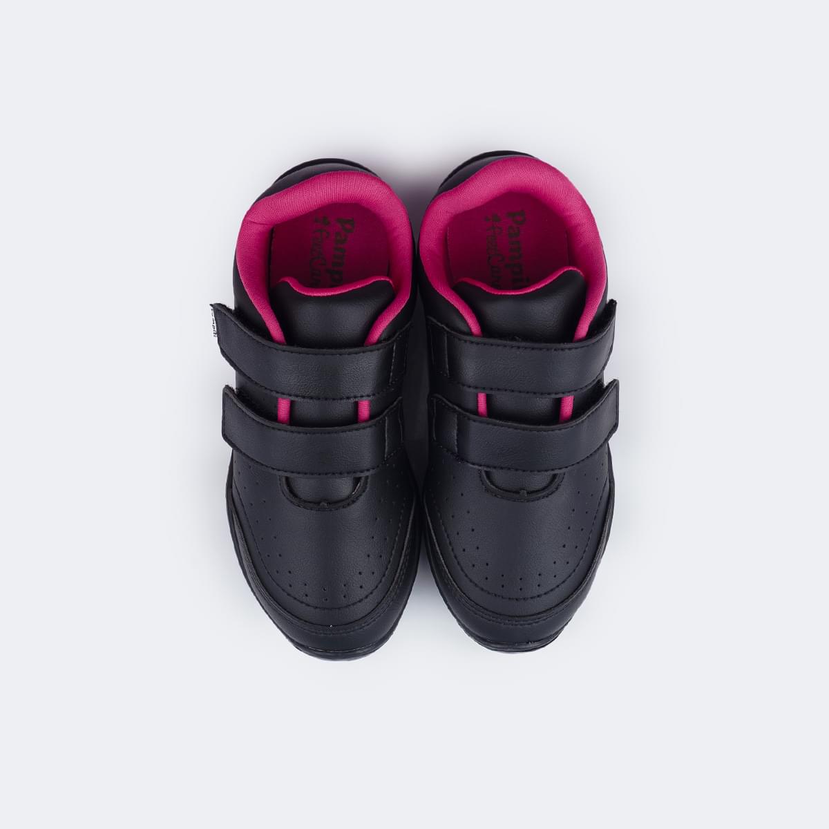 Tênis Escolar Infantil Pampili Honey Velcro Duplo Preto e Pink
