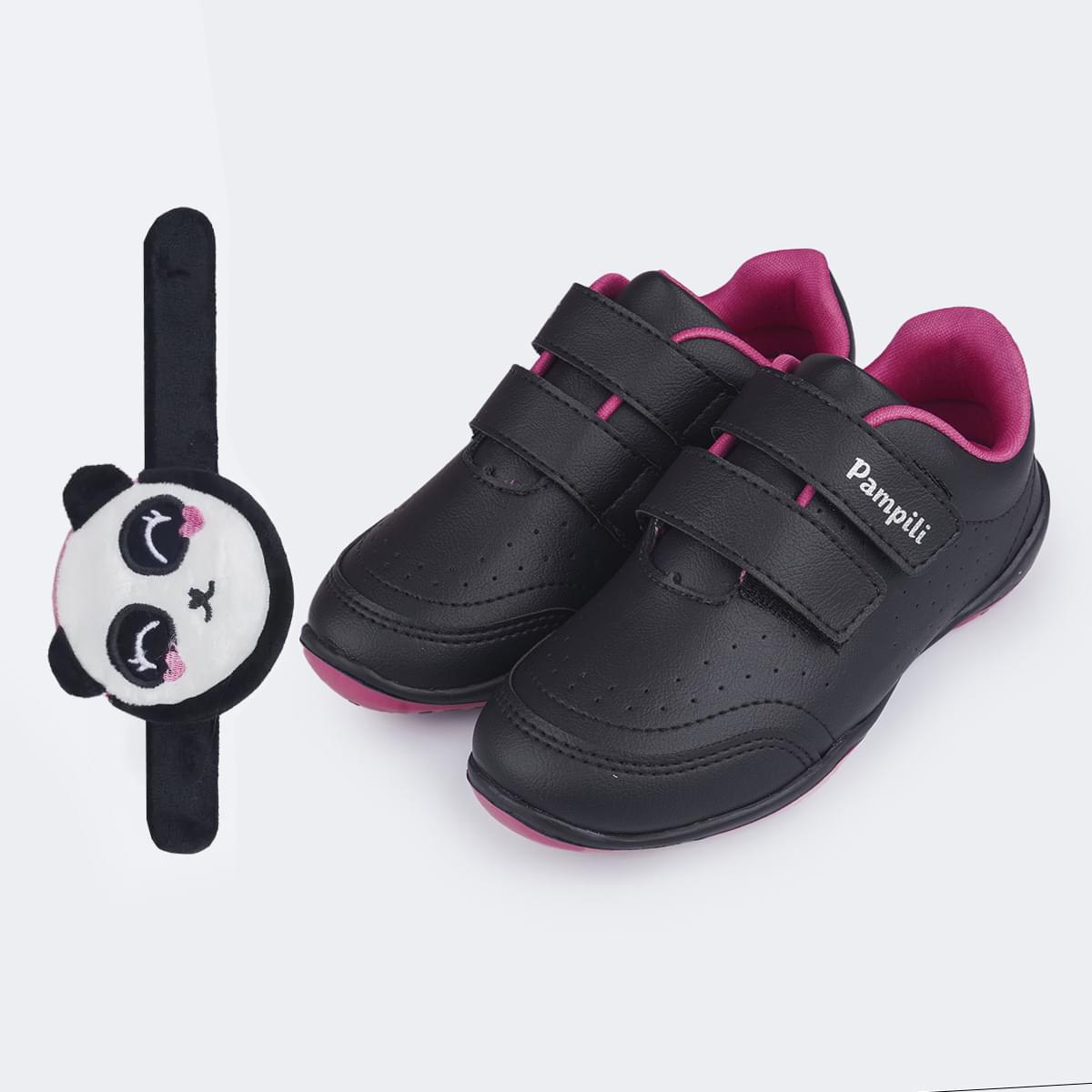 Tênis Escolar Infantil Pampili Honey Calce Fácil Preto e Pink - Vem com Pulseira Porta Moedas!