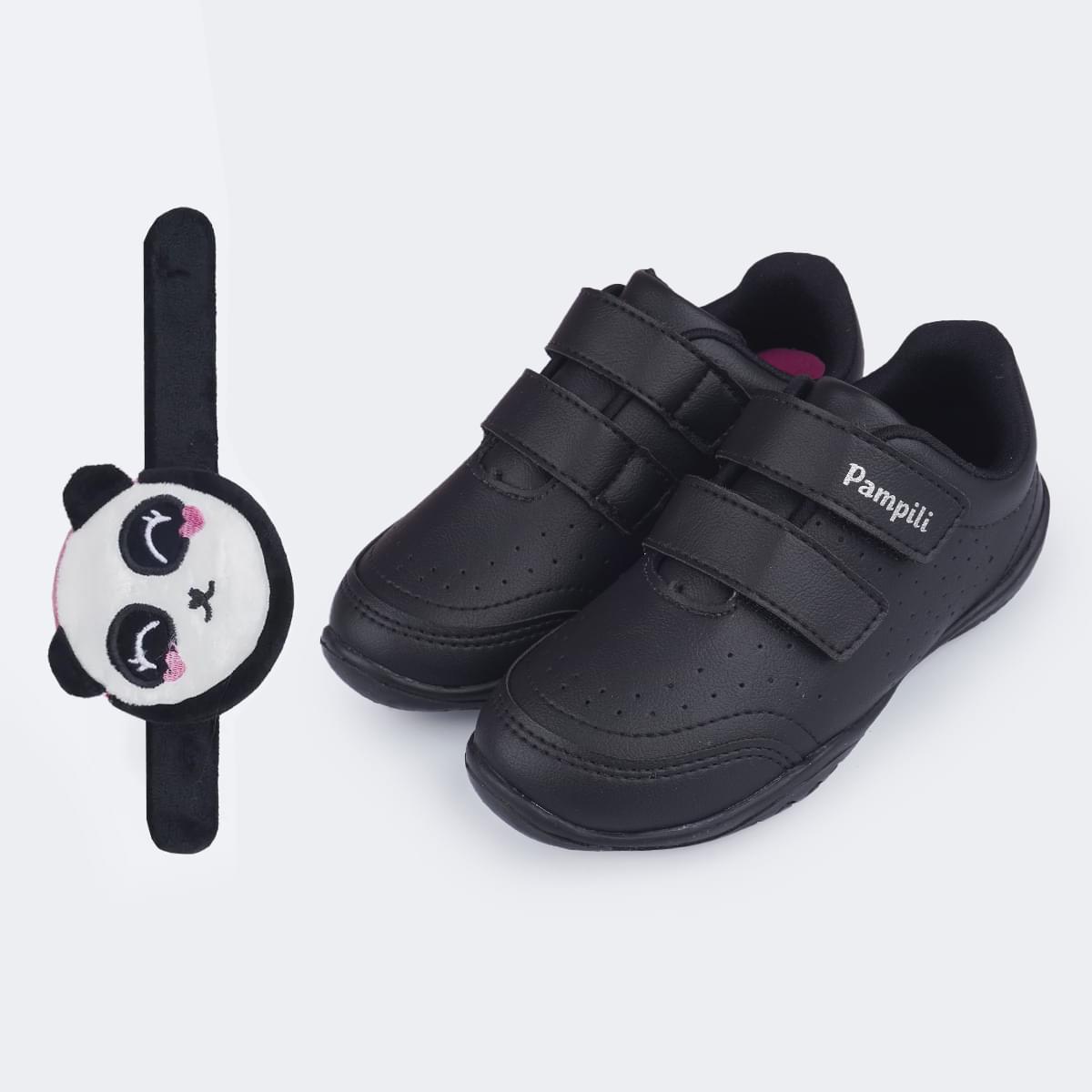 Tênis Escolar Infantil Pampili Honey Calce Fácil Preto- Vem com Pulseira Porta Moedas!