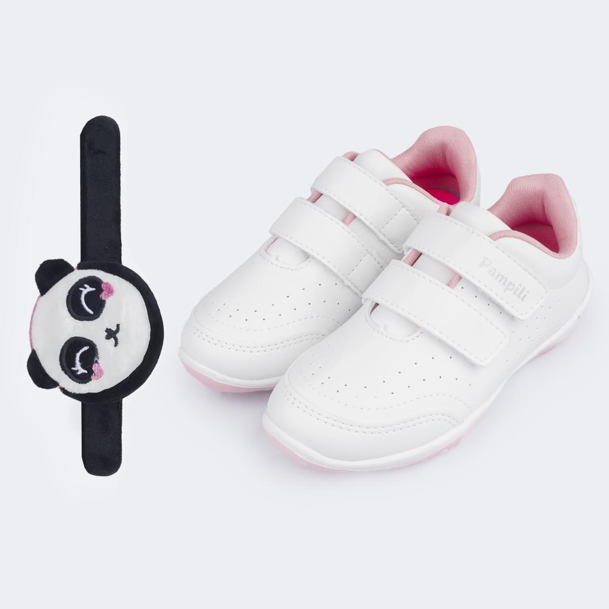 Tênis Escolar Infantil Pampili Honey Calce Fácil Branco e Rosa Glace - Vem com Pulseira Porta Moedas!