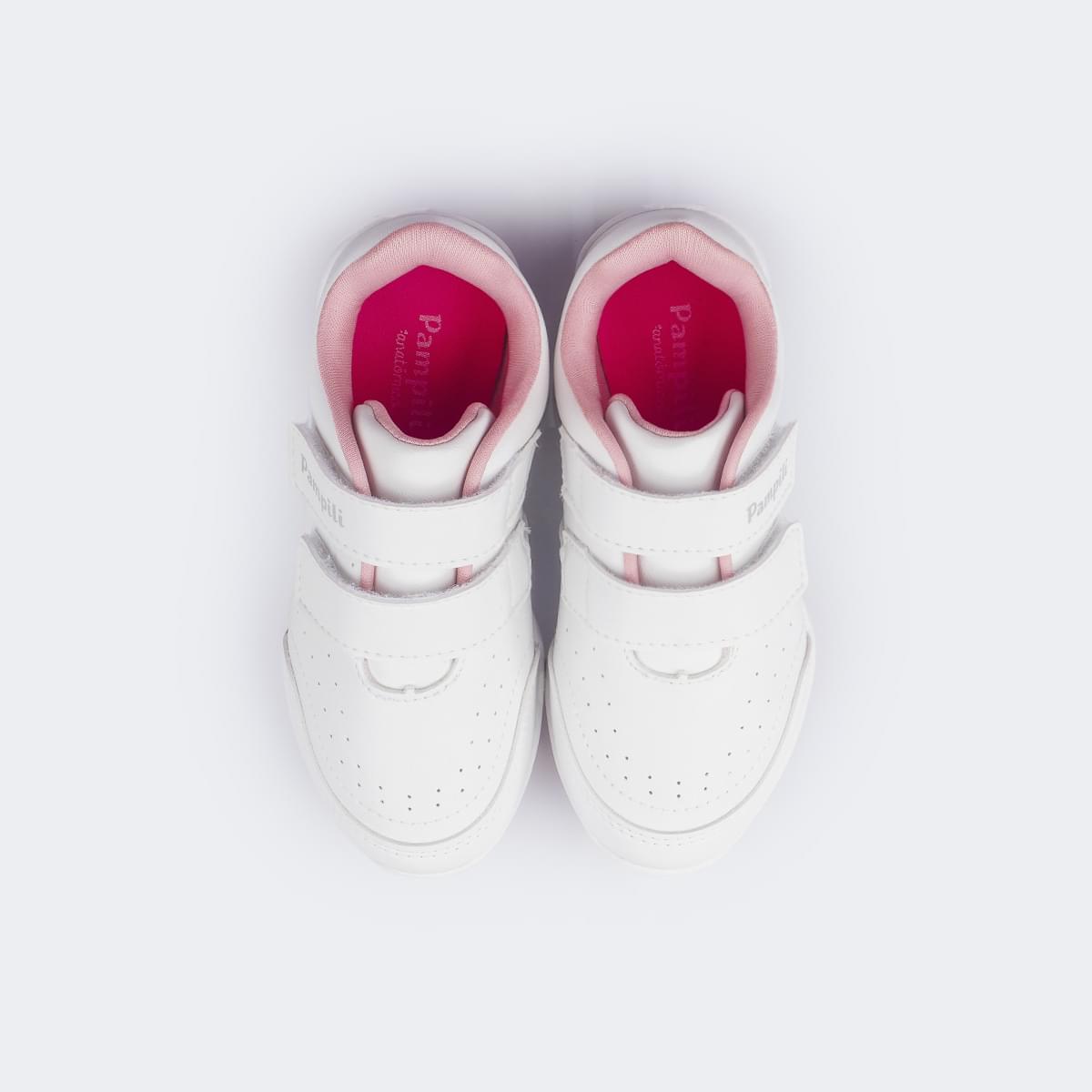 Tênis Escolar Infantil Pampili Honey Calce Fácil Branco e Rosa Glace - Vem com Pulseira Porta Moedas!