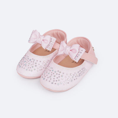 Sapato de Bebê Pampili Nina Degradê Glitter e Strass Rosa Glacê - frente do sapatinho de bebê com glitter e strass
