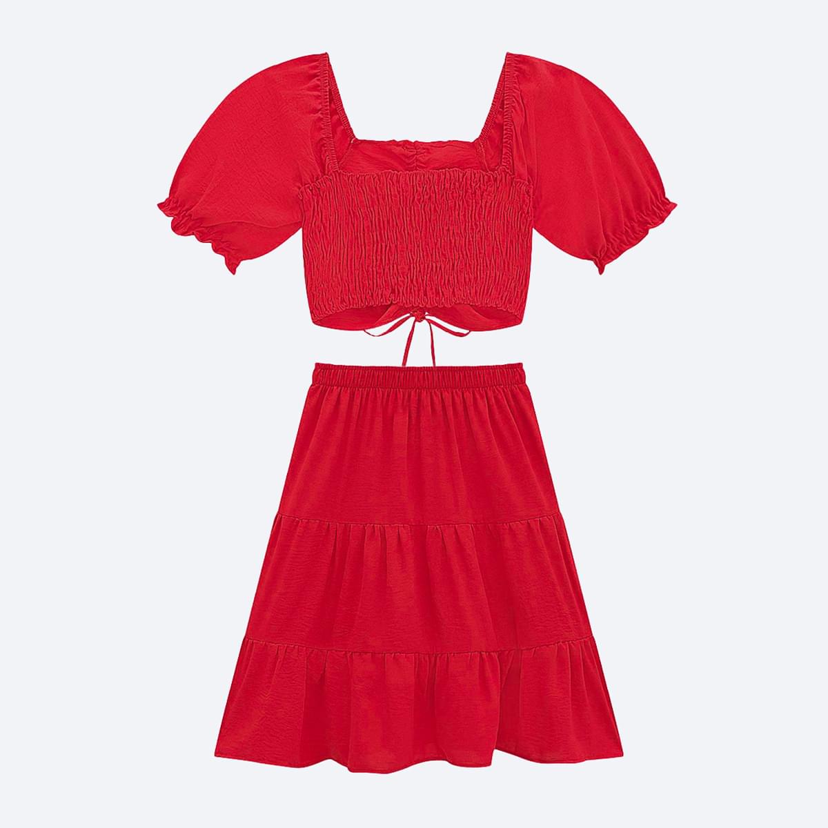 Conjunto Infantil Kukiê Saia Midi Vermelho  - costas do conjunto