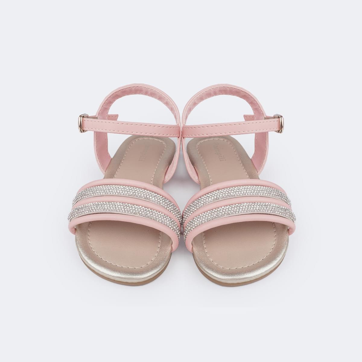 Sandália Infantil Primeiros Passos Pampili Mili Tiras e Strass Rosa Glacê - frente da sandália com tira e strass