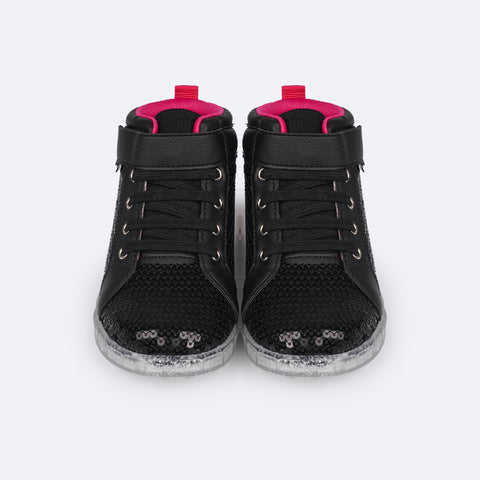 Tênis de Led Cano Médio Infantil Pampili Sneaker Luz Paetê Preto - frente tênis infantil