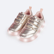 Tênis de Led Infantil Pampili Sneaker Luz Costuras Dourado e Rosa