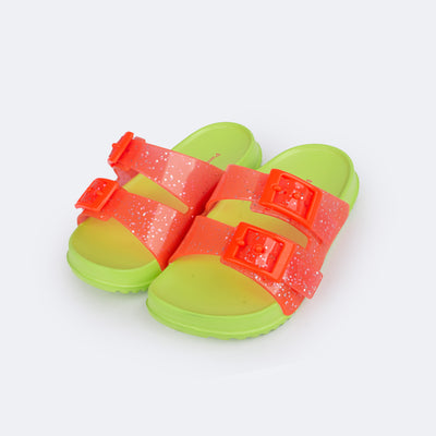 Chinelo Birken Infantil Pampili Fun Glee com Fivela e Glitter Rosa e Verde Neon - frente birken feminina