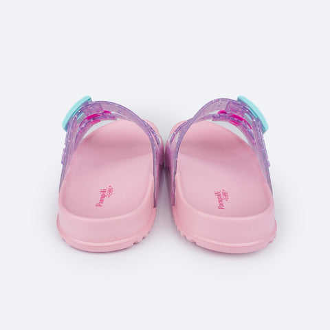 Chinelo Birken Infantil Pampili Fun Glee Glitter Rosa e Colorido - traseira da birken