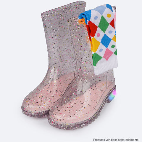 Bota Galocha de Led Infantil Pampili Lulu Glee Transparente Preta - detalhe com as meias