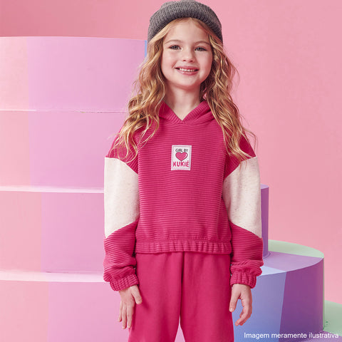 Conjunto Moletom Infantil Kukiê Blusão Boxy com Calça Relevo Pink - conjunto infantil feminino