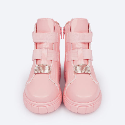 Bota Coturno Feminina Pampili Lucky Strass Verniz Rosa Glace - frente da bota infantil para menina