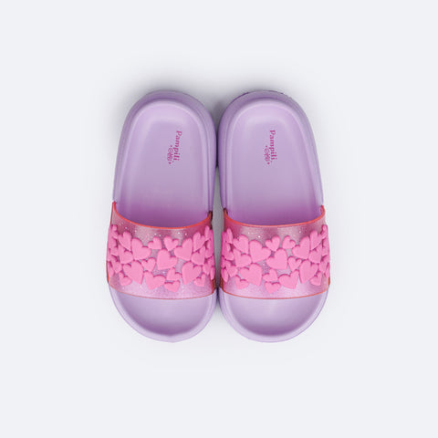 Chinelo Slide Infantil Pampili Fly Glee Corações Rosa e Lilás - chinelo nuvem feminino