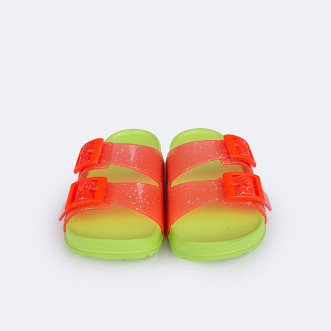 Chinelo Birken Infantil Pampili Fun Glee com Fivela e Glitter Rosa e Verde Neon - frente chinelo com fivelas