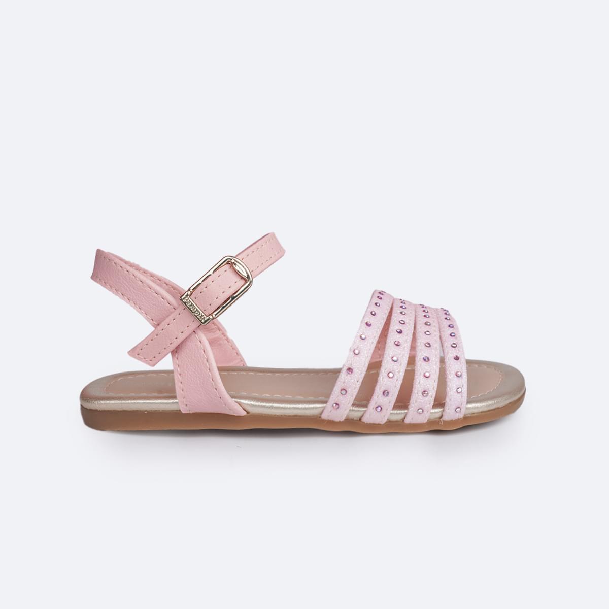 Sandália Infantil Primeiros Passos Pampili Mili Tiras Glitter e Strass Rosa - lateral da sandália com fivela easy
