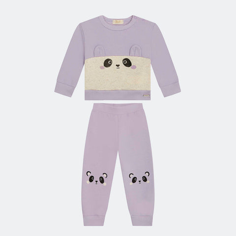 Conjunto Bebê Infanti Moletom Panda Lilás e Areia  - conjunto moletom para bebê