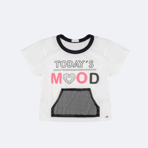 Camiseta Infantil Pampili Today's Mood Off White e Preta - frente da camiseta