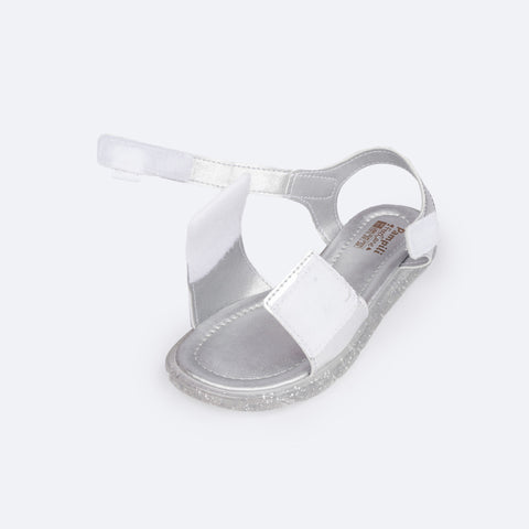 Sandália de Led Infantil Pampili Lulli Glitter e Pontos Coloridos Prata - abertura da sandália com velcro