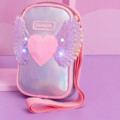 Bolsa Infantil Pampili Fly Led Prata e Rosa Neon Luz - bolsa com asas e led