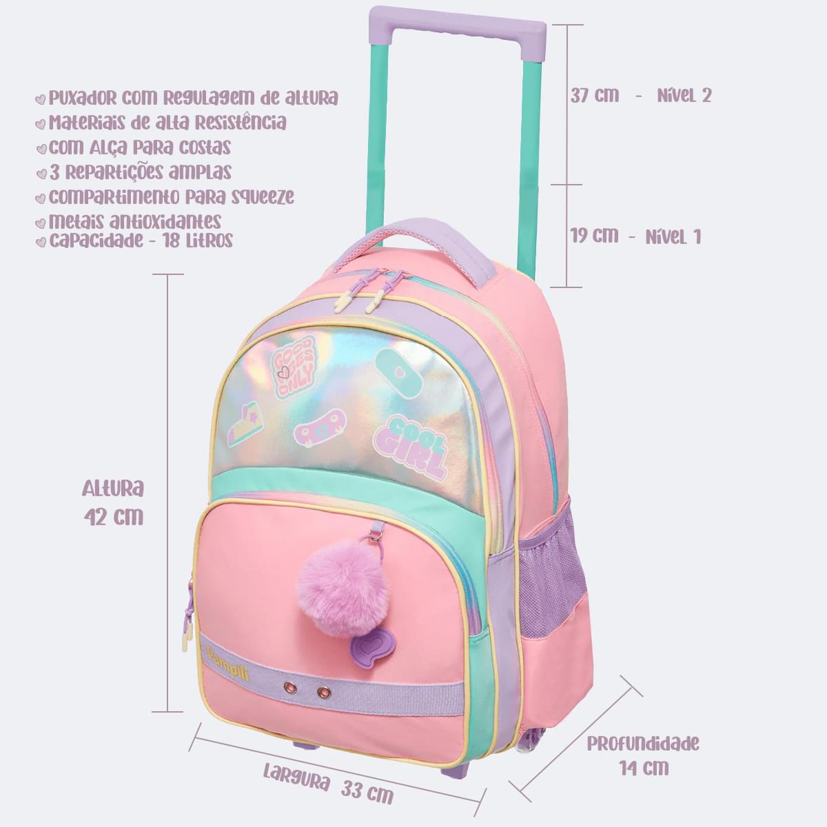 Mochila de Rodinha Infantil Escolar Pampili Pompom Holográfica Candy Colors